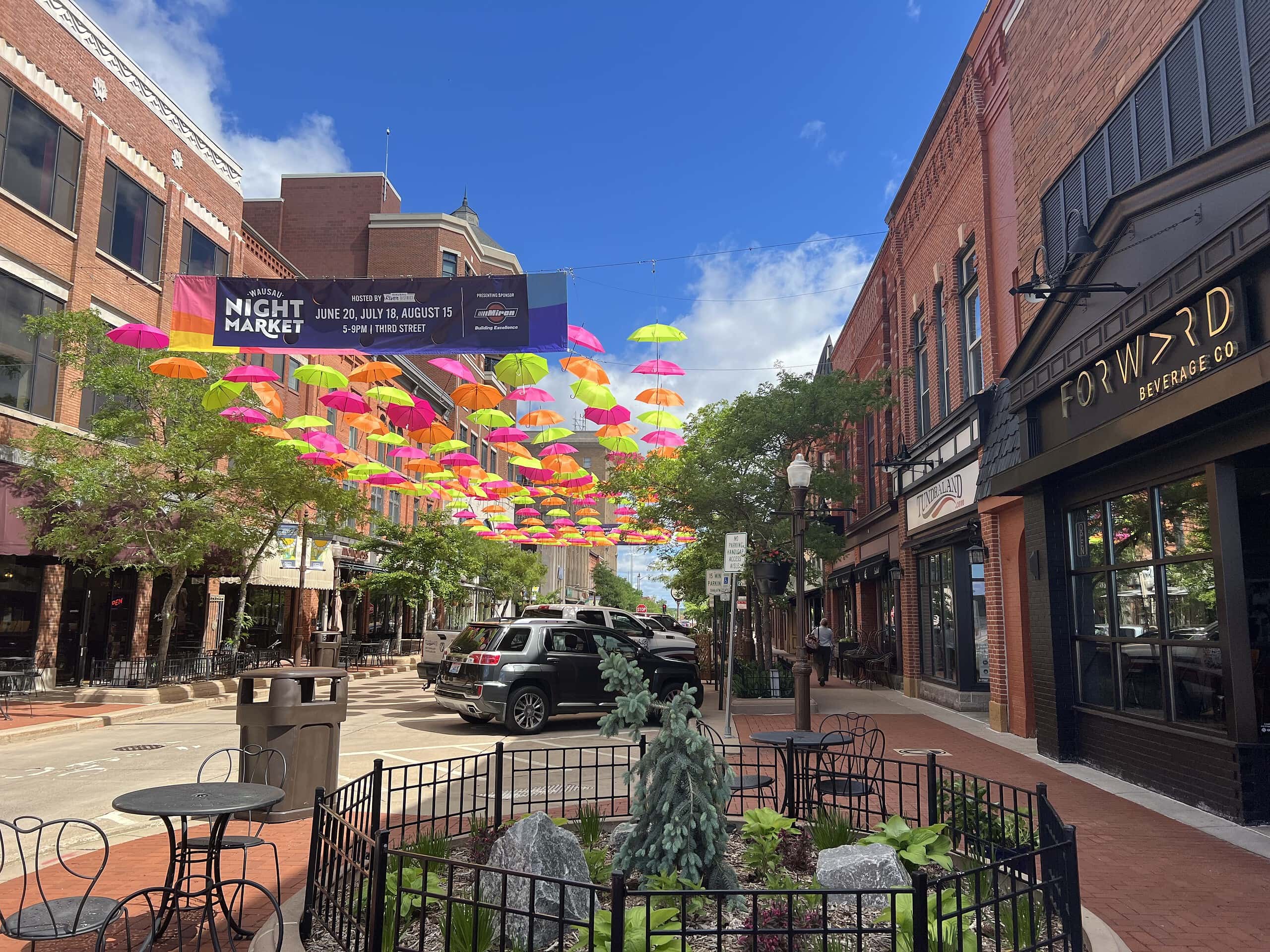 Wausau Umbrellas on 3rd Street and Night Market banner